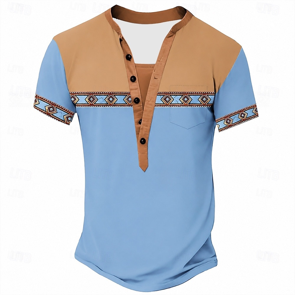Herren-T-Shirt im Ethno-Stil, Henley-Shirt aus Polyester, Kurzarm, Designer-Basic, Ethno-Look, Outdoor-Casual, Alltag, Sommer, See, Blau, Schwarz, Hellgrün, Dunkelblau, Hellblau, Henley-T-Shirt 2026 - $21.99 –P4
