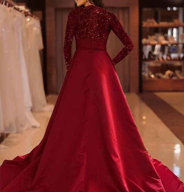 A-Line Court Train Floor Length Evening Gown Ball Gown Formal Dress Elegant Sparkle & Shine Long Sleeve High Neck Evening Party Christmas Fall Wedding Guest Satin Sequined with Sequin 2026 - $137.99 –P9