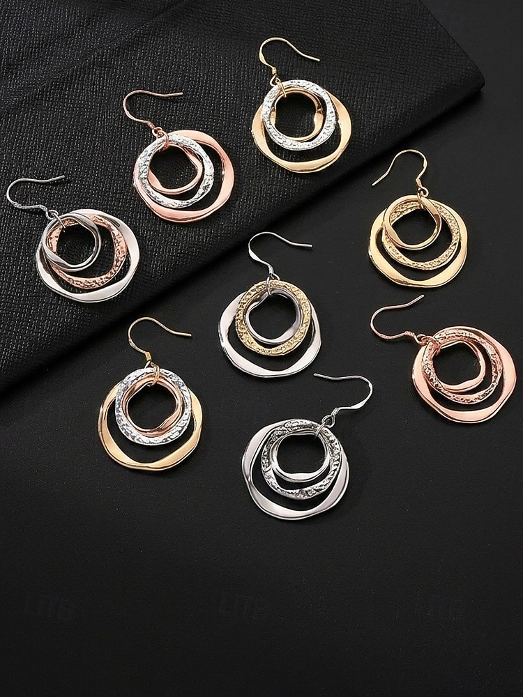 Pendientes colgantes triples de estilo bohemio para mujer, pendientes de aro superpuestos de aleación en tonos oro, plata y oro rosa, joyería ligera y llamativa para vacaciones, fiestas y viajes. &uso 2026 - $9.99 –P6