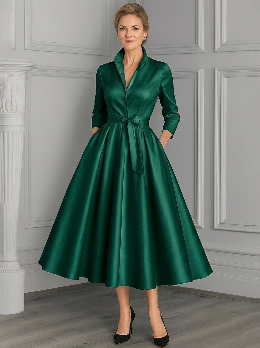 Linha A Até o Tornozelo Vestido de festa Vestido Coquetel Vestido de convidada de casamento Vestido Para Mãe dos Noivos Manga Longa Decote V Elegante Vintage Festa Noite Formal Festa de Casamento de 2026 por $91.99 –P8