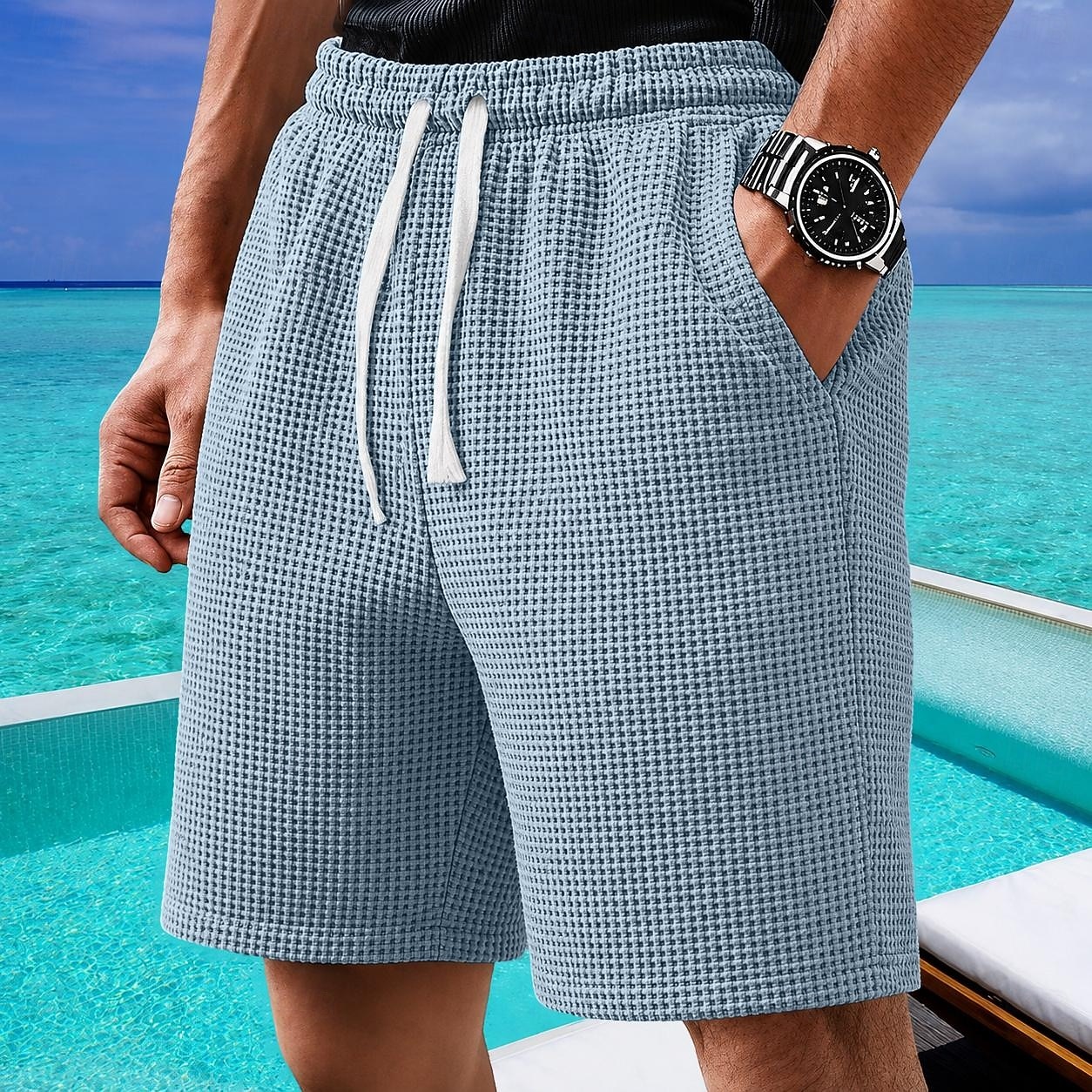 Homens Calções Waffle Calção Shorts de verão Shorts casuais Com Cordão Bolsos Cintura elástica Tecido Conforto Respirável Curto Ao ar livre Férias Desporto Casual Preto Branco Micro-Elástica de 2026 por $23.99 –P1
