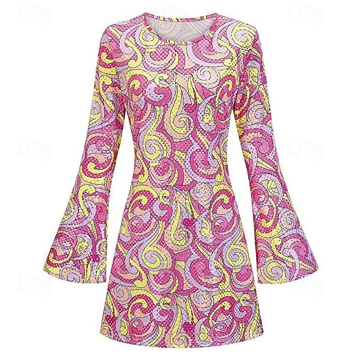 Rétro Vintage Hippie Années 1970 Robe Manches Evasées Hippie Géométrique Déguisement Femmes Mascarade Soirée & Fête Défilé de la Fierté Mois des Fiertés Adulte Robe de 2026 ? $30.99 –P12