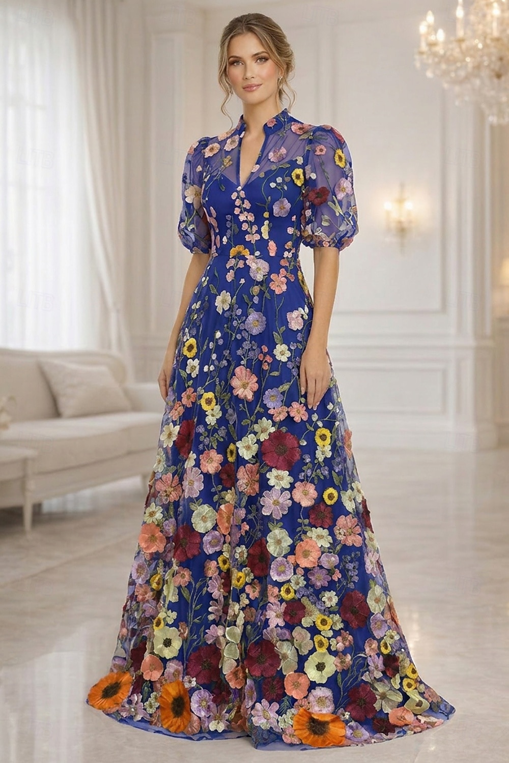 Corte A Hasta el Suelo Vestido de Madrina Manga Corta Escote en Pico Elegante Vintage Lujoso Formal Invitado a la boda Fiesta de Boda Encaje Tul con Flores 3D Bordados Flor 2026 - $194.99 –P1