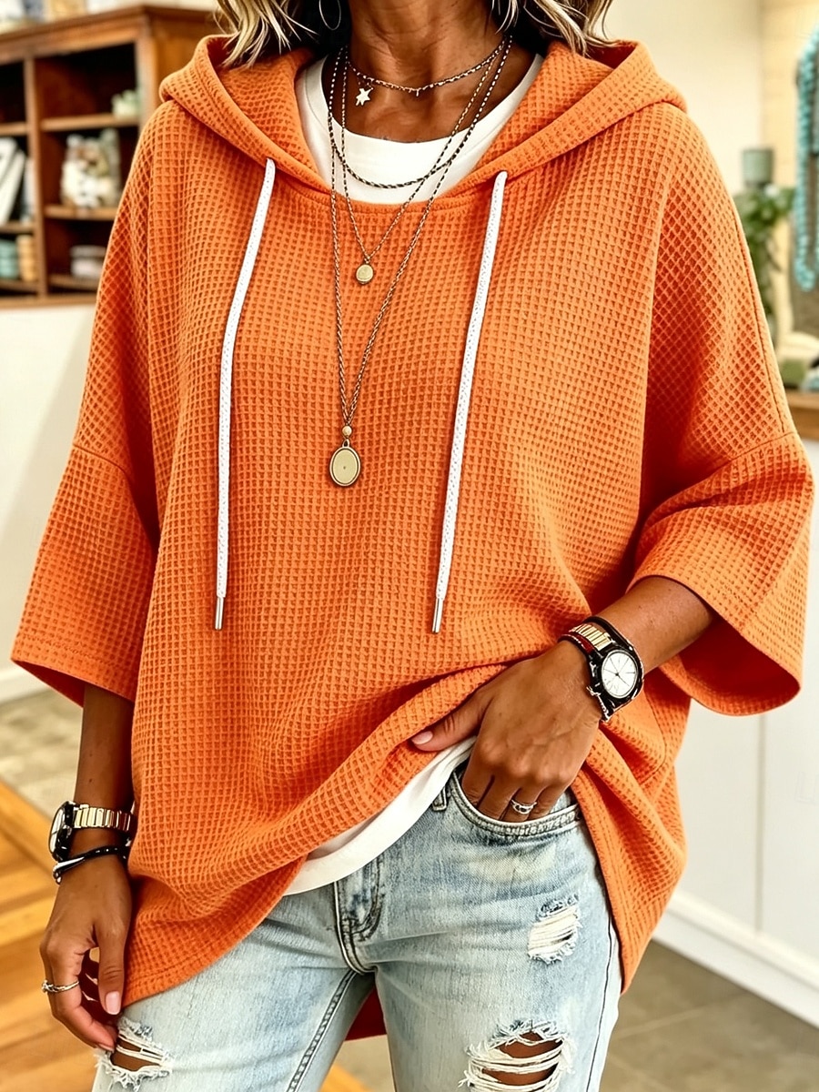 Mujer Sudaderas Retazos Plano Moda Casual Manga 3/4 Con Capucha Tops regulares Casual Calle Blanco Negro Rojo Naranja Primavera Otoño 2026 - $33.99 –P2