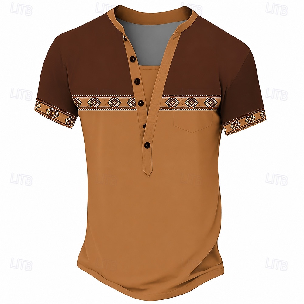 Herren-T-Shirt im Ethno-Stil, Henley-Shirt aus Polyester, Kurzarm, Designer-Basic, Ethno-Look, Outdoor-Casual, Alltag, Sommer, See, Blau, Schwarz, Hellgrün, Dunkelblau, Hellblau, Henley-T-Shirt 2026 - $21.99 –P9