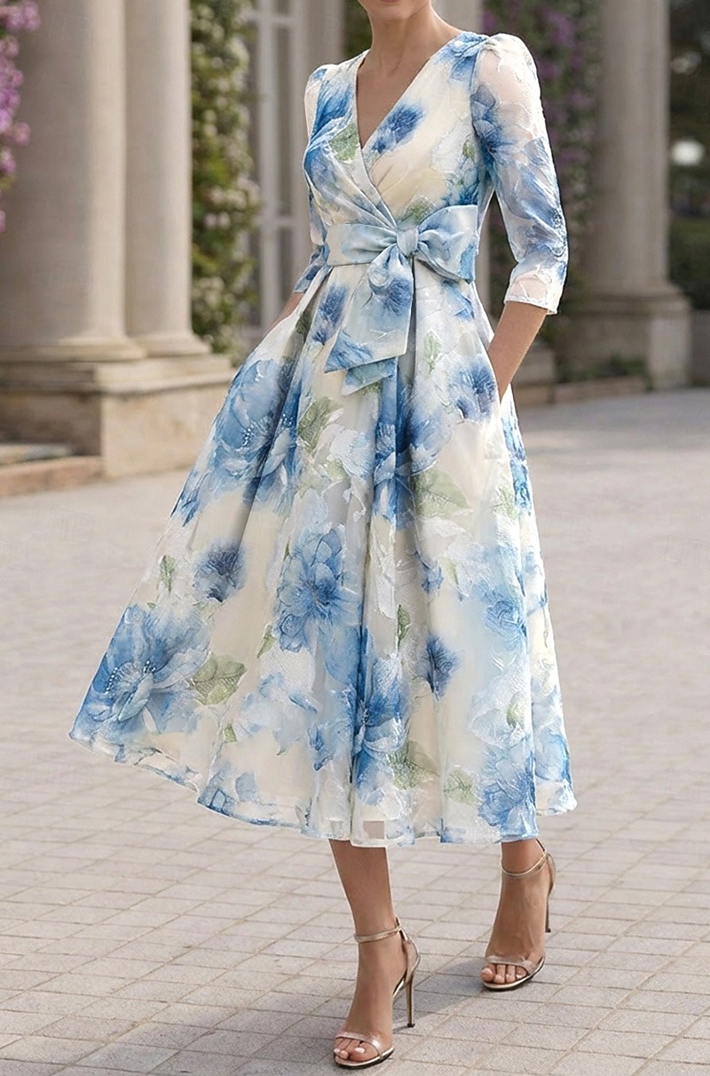 Linha A Até o Tornozelo Longuette Vestido floral Vestidos de cocktail Elegante Floral Semi-formal / Coquetel Manga 3/4 Decote V Festa de Jardim Casamento Organza Jacquard com Estampa floral Pregas de 2026 por $194.99 –P9