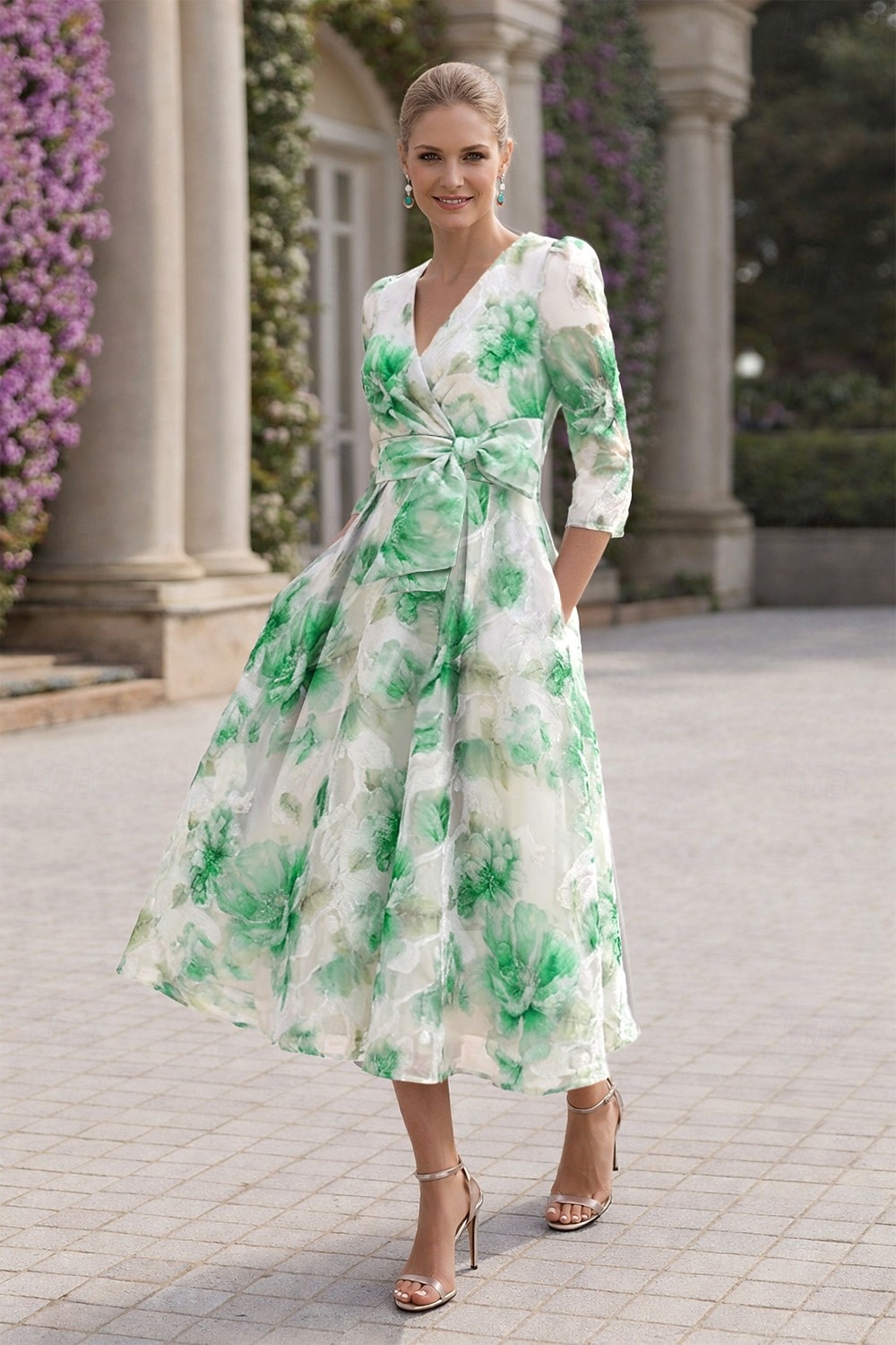 Linha A Até o Tornozelo Longuette Vestido floral Vestidos de cocktail Elegante Floral Semi-formal / Coquetel Manga 3/4 Decote V Festa de Jardim Casamento Organza Jacquard com Estampa floral Pregas de 2026 por $194.99 –P4