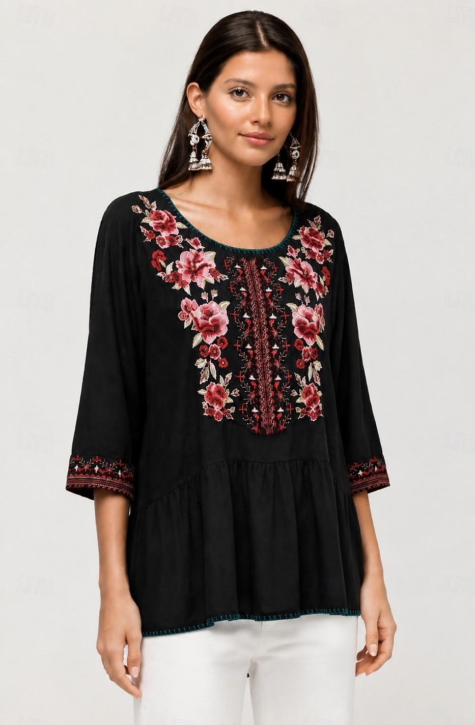 Women's Embroidered Tunic Shirts 100% Cotton Boho Shirt Floral Elegant Bohemia Vacation 3/4 Length Sleeve Crew Neck Long Tops Casual Black Summer Spring Fall Winter 2026 - $65.99 –P1