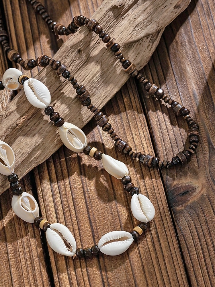 Collier bohème de plage pour homme, à plusieurs rangs, perles de bois &Collier double rang de coquillages, idéal pour les vacances d'été, les séjours en station balnéaire, les festivals, les voyages de 2026 ? $11.99 –P5