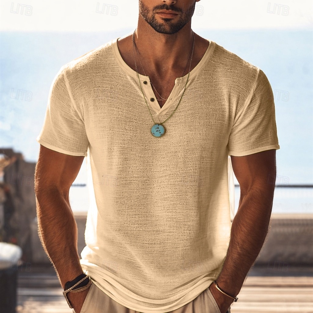 Camiseta masculina de algodão e linho, malha, manga curta, gola V, cor sólida, leve, básica, lisa, casual, para férias, nas cores azul, preta e verde claro. de 2026 por $16.49 –P14