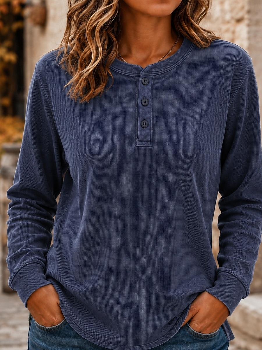 Per donna Camicia a nido d'ape Cotone lavato Pullover Tinta unica Casual Manica Lunga Henry Collar Top Regolari Casuale Nero Verde scuro Mattone rosso Blu scuro Beige Autunno Inverno del 2026 a $37.99 –P5