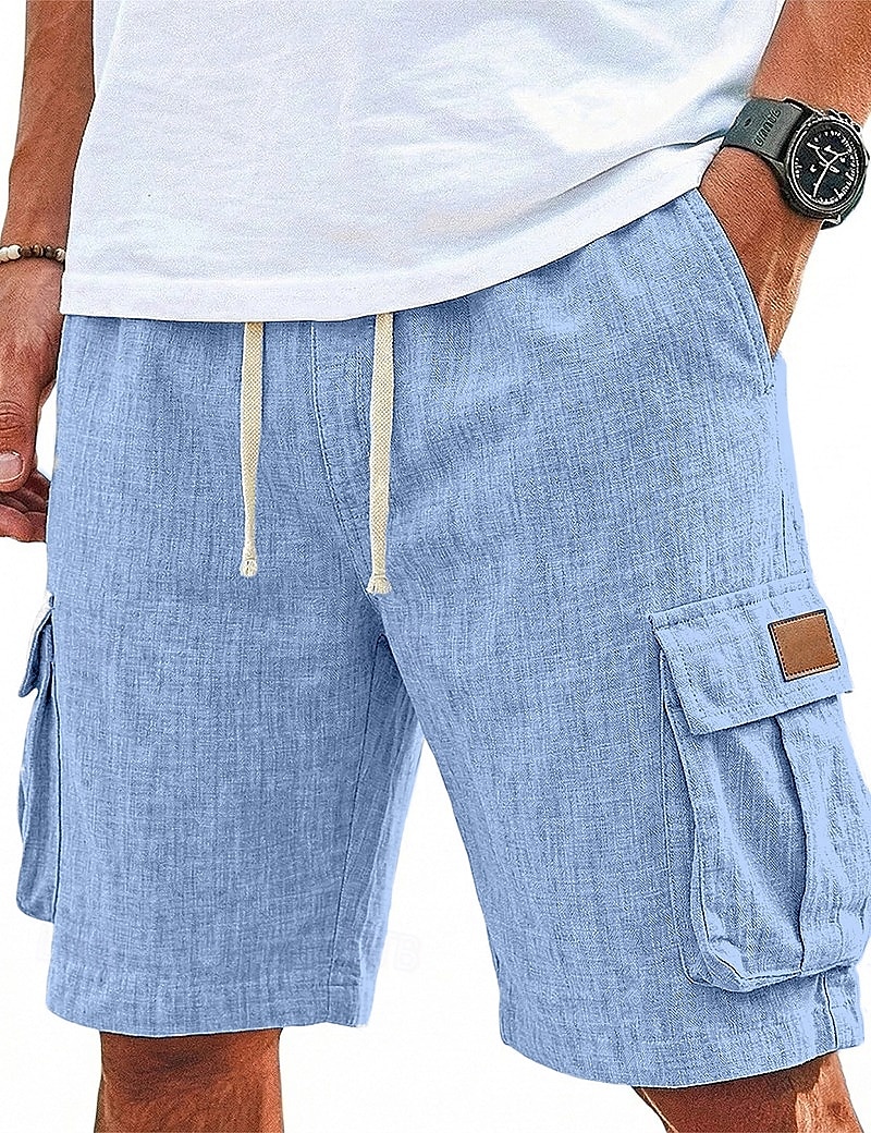 Men's Shorts Linen Shorts Summer Shorts Beach Shorts Drawstring Elastic Waist Multi Pocket Plain Comfort Breathable Knee Length Casual Daily Outdoor Vacation Fashion Blue Khaki Inelastic 2026 - $24.99 –P1