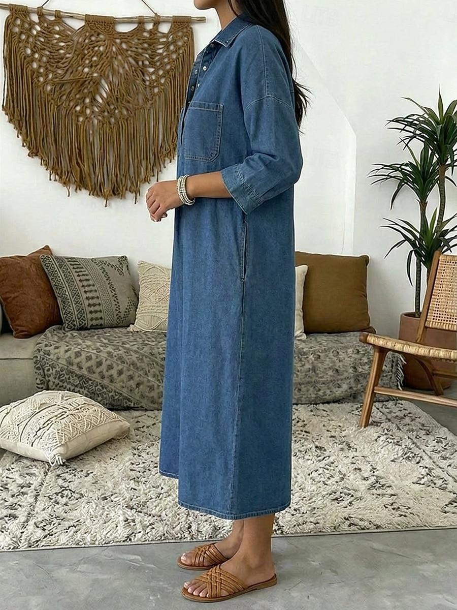 Naisten Midimekko Huppari mekko Farkkumekko Vintage Päivittäin Loose Fit Tavallinen 3/4 hiha Paitapuserokaula-aukko Sininen Vaalean sininen Syksy 2026 - $44.99 –P2