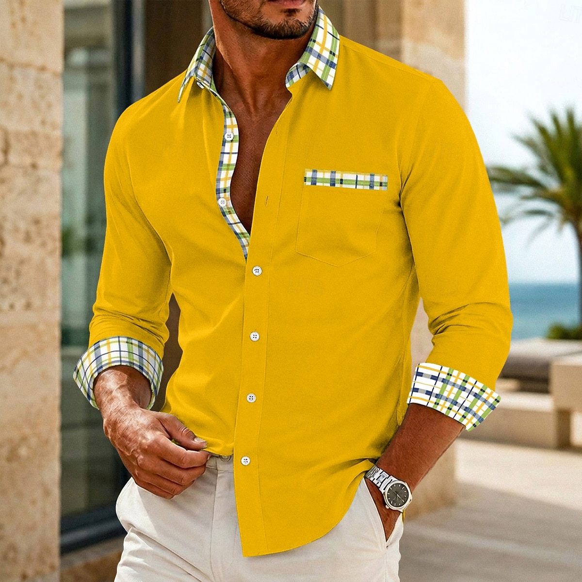 Hombre Camisa Camisa de verano Camisa casual Abotonar la camisa Plaid Casual Diario Blanco Amarillo Azul Marino Verde Trébol Manga Larga Cuello Verano Primavera Ropa Bolsillo delantero 2026 - $28.99 –P6