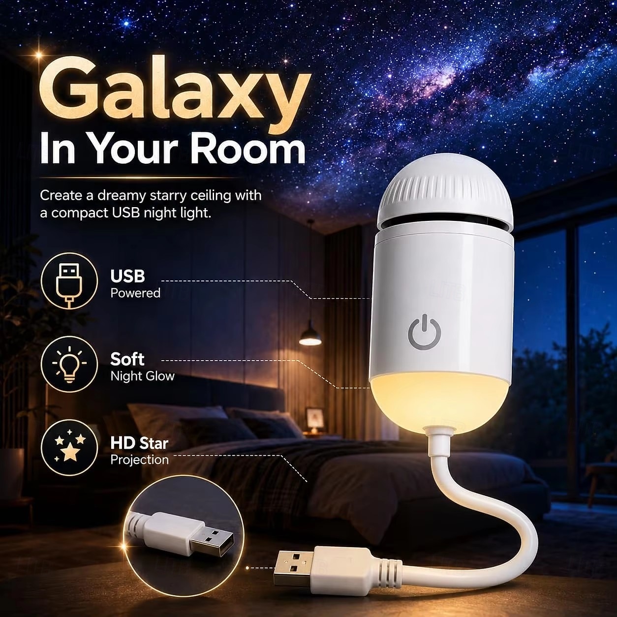 USB Galaxy Projector Starry Night Light, Star Projector with Flexible Gooseneck & 24 Films, 3 Brightness Levels Planet Ocean Sky Projector for Bedroom Car Decor, Creative Gift for Kids Adults 2026 - $18.99 –P2