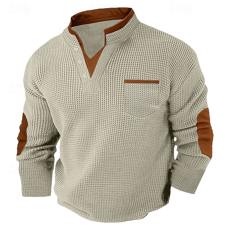 Men's Waffle Tee Waffle Henley Shirt Long Sleeve V Neck Spring &  Fall Solid Color Fashion Basic Fake two piece Casual Street Sports Black White Burgundy Top Tee for Men 2026 - $25.99 –P8