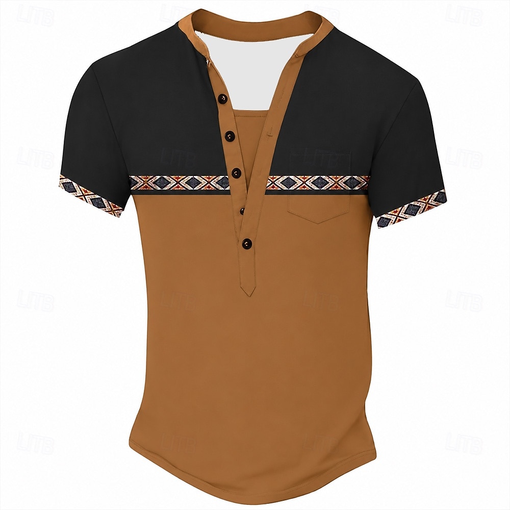 Herren-T-Shirt im Ethno-Stil, Henley-Shirt aus Polyester, Kurzarm, Designer-Basic, Ethno-Look, Outdoor-Casual, Alltag, Sommer, See, Blau, Schwarz, Hellgrün, Dunkelblau, Hellblau, Henley-T-Shirt 2026 - $21.99 –P10