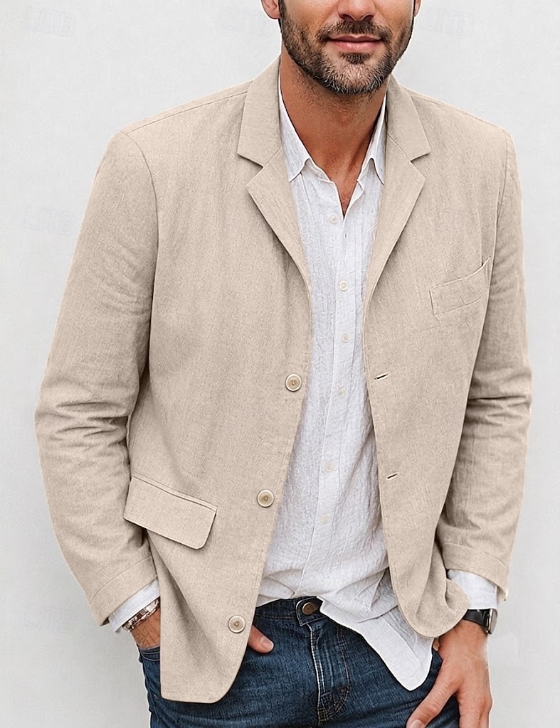 Hombre Chaqueta ligera Chaqueta americana Chaqueta de lino Formal Oficina Otoño Algodón y lino Color sólido Confortable Botonadura Simple Chaqueta de sport Verde Claro Azul Marino Marrón Color Caquí 2026 - $63.99 –P4