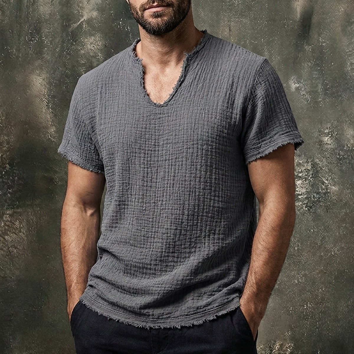 Men's T Shirt 100% Cotton T-Shirt Short Sleeve V Neck Summer Spring Solid Color Textured Vacation Vintage Sports Raw Edge Casual Home Outdoor Black White Wine Top Tee for Men 2026 - $22.99 –P1