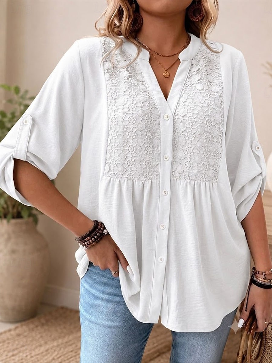 Damen Spitzenbluse Freizeithemd Bestickt Elegant Bohemien Urlaub Dreiviertelarm Ellbogenärmel V Ausschnitt Normale Oberteile Lässig Täglich Streetwear Weiß Khaki Schwarz Pudriges Rosa Sommer Frühling 2026 - $32.99 –P5