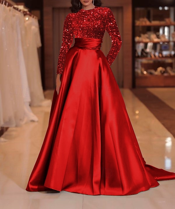 A-Line Court Train Floor Length Evening Gown Ball Gown Formal Dress Elegant Sparkle & Shine Long Sleeve High Neck Evening Party Christmas Fall Wedding Guest Satin Sequined with Sequin 2026 - $137.99 –P10