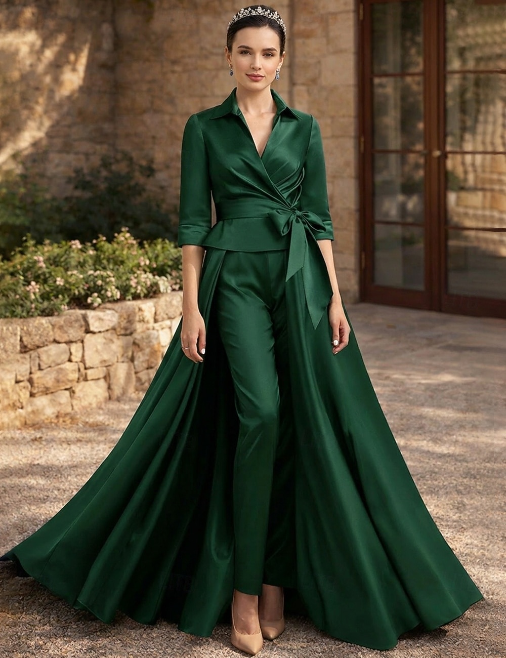 Dos Piezas Traje de pantalón Hasta el Tobillo Vestido de Madrina Media Manga Cuello Camisero Elegante Formal Invitado a la boda Satén con Lazo(s) 2026 - $183.99 –P9
