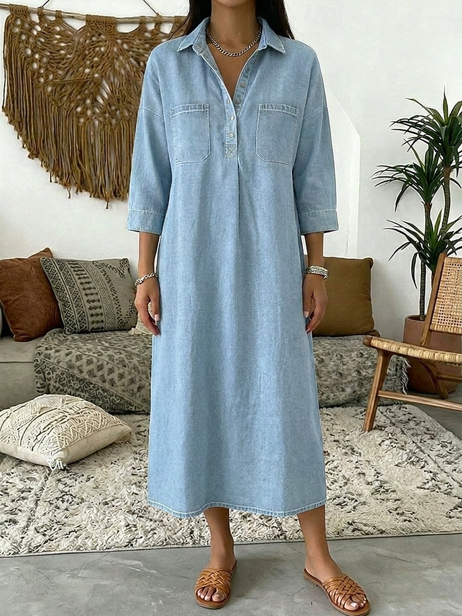 Naisten Midimekko Huppari mekko Farkkumekko Vintage Päivittäin Loose Fit Tavallinen 3/4 hiha Paitapuserokaula-aukko Sininen Vaalean sininen Syksy 2026 - $44.99 –P4
