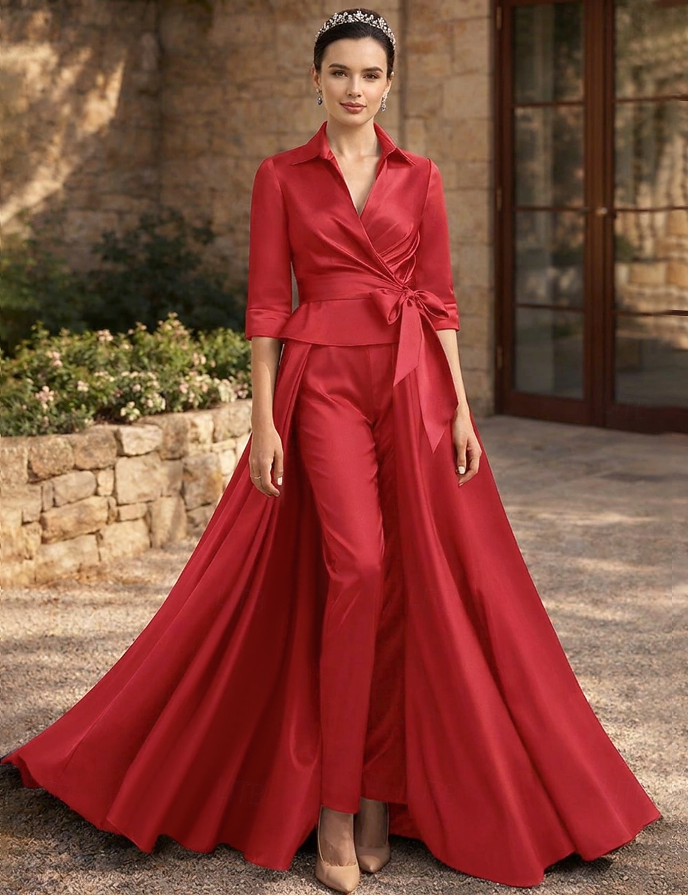Dos Piezas Traje de pantalón Hasta el Tobillo Vestido de Madrina Media Manga Cuello Camisero Elegante Formal Invitado a la boda Satén con Lazo(s) 2026 - $183.99 –P13