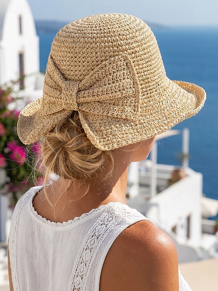 Sombrero de paja plegable estilo boho para mujer con lazo, sombrero de verano tejido y plegable en varios colores para vacaciones en la playa, viajes, fiestas en el jardín, brunch, resort. &uso diario 2026 - $14.99 –P1
