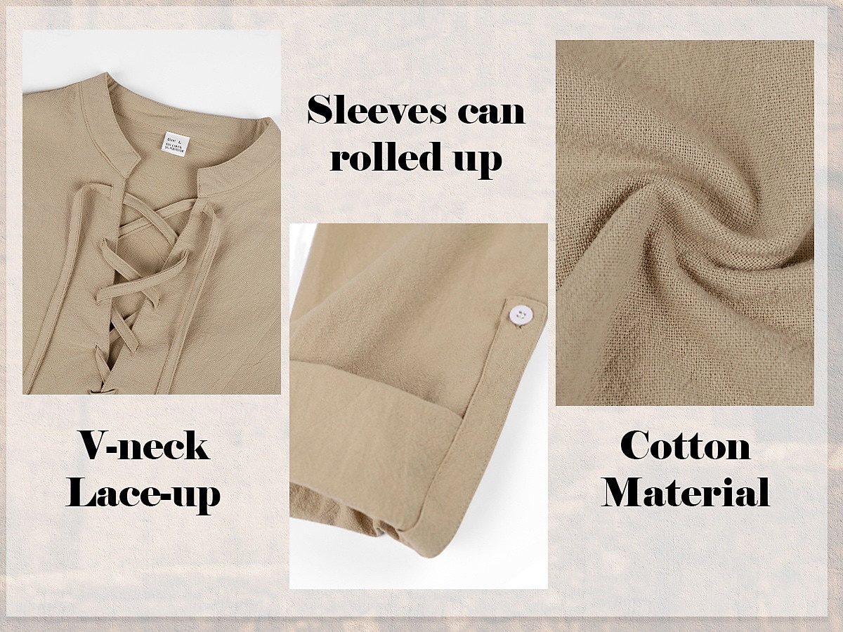 Herren Hemd Leinenhemd Wikinger-Stil Popover-Hemd Sommerhemd Stehkragenhemd Einfach Lässig Urlaub Schwarz Weiß Grün Khaki Langarm V Ausschnitt Sommer Frühling Bekleidung Kordelzug 2026 - $25.99 –P3