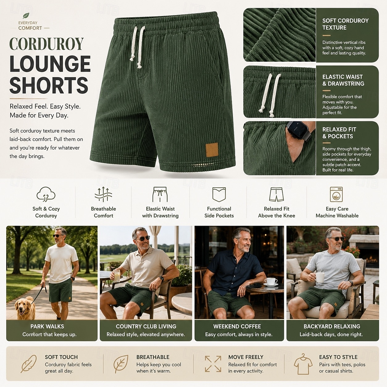 Homens Calção Shorts casuais Shorts de veludo cotelê Com Cordão Cintura elástica Côr Sólida Conforto Comprimento do joelho Diário Ao ar livre Streetwear Férias Moda Cáqui Preto Micro-Elástica de 2026 por $21.99 –P9