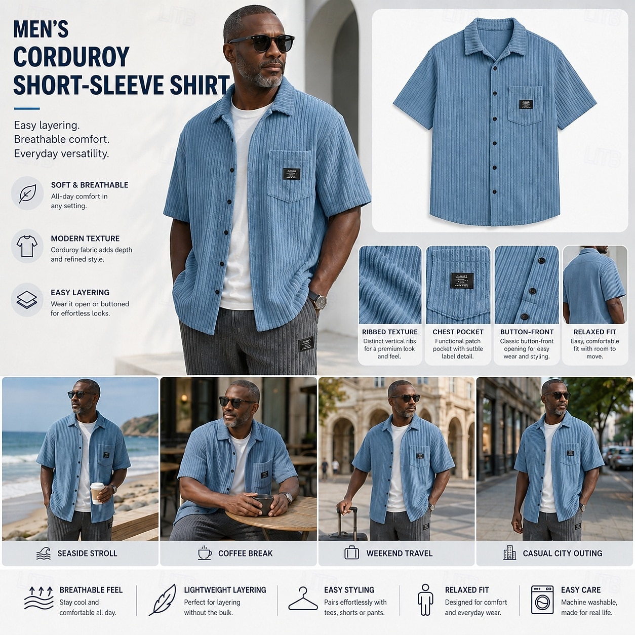 Men's Shirt Casual Shirt Corduroy Shirt Button Up Shirt Black White Light Blue Short Sleeve Plain Shirt Collar Casual Daily Front Pocket Clothing Apparel Elegant Fashion Casual 2026 - $26.99 –P3