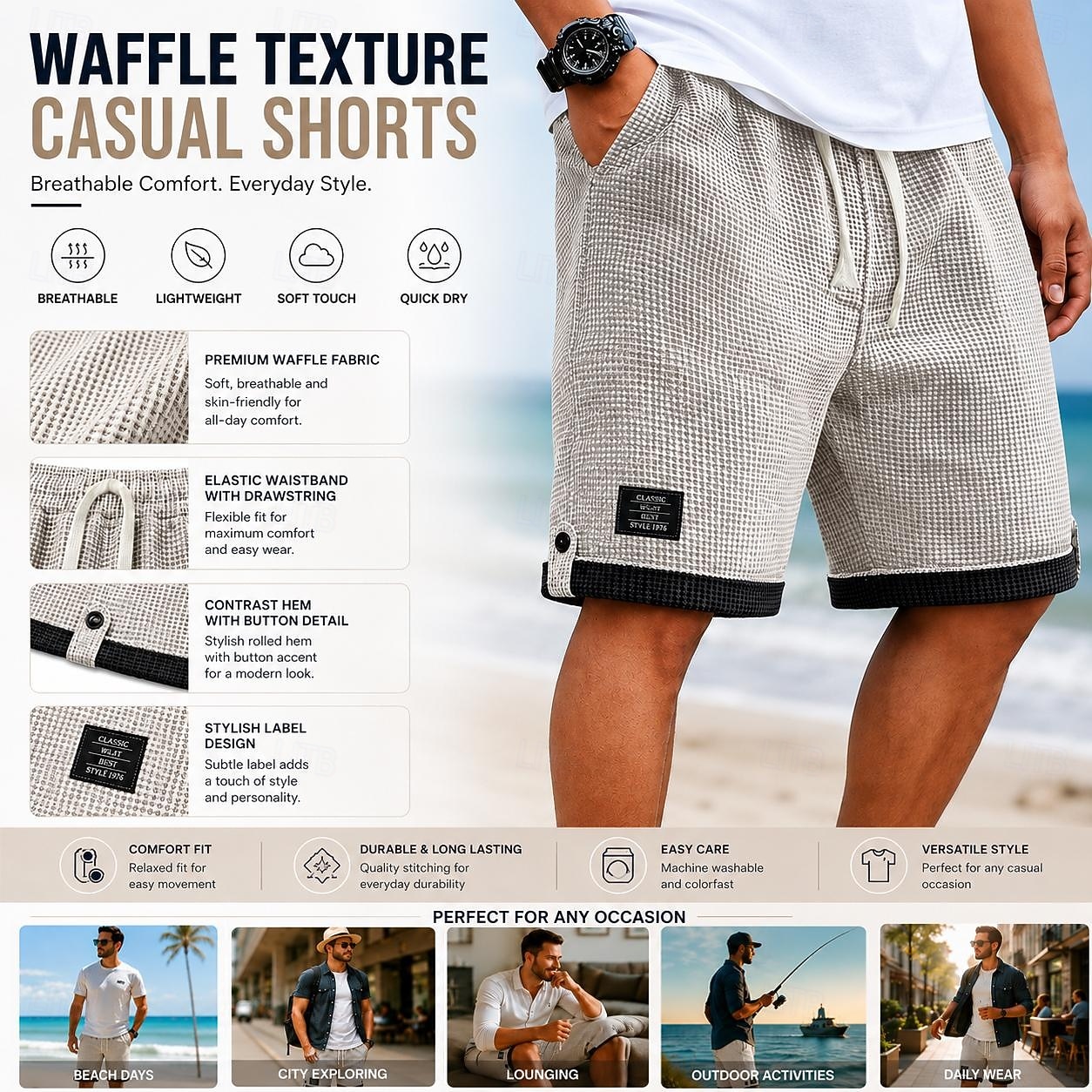 Herren Waffel-Shorts Shorts Sommershorts Strandshorts Freizeitshorts Kordelzug Patchwork Elastischer Bund Einfarbig Komfort Kurz Lässig Täglich Outdoor Urlaub Mode Himmelblau Grau Mikroelastisch 2026 - $18.99 –P7