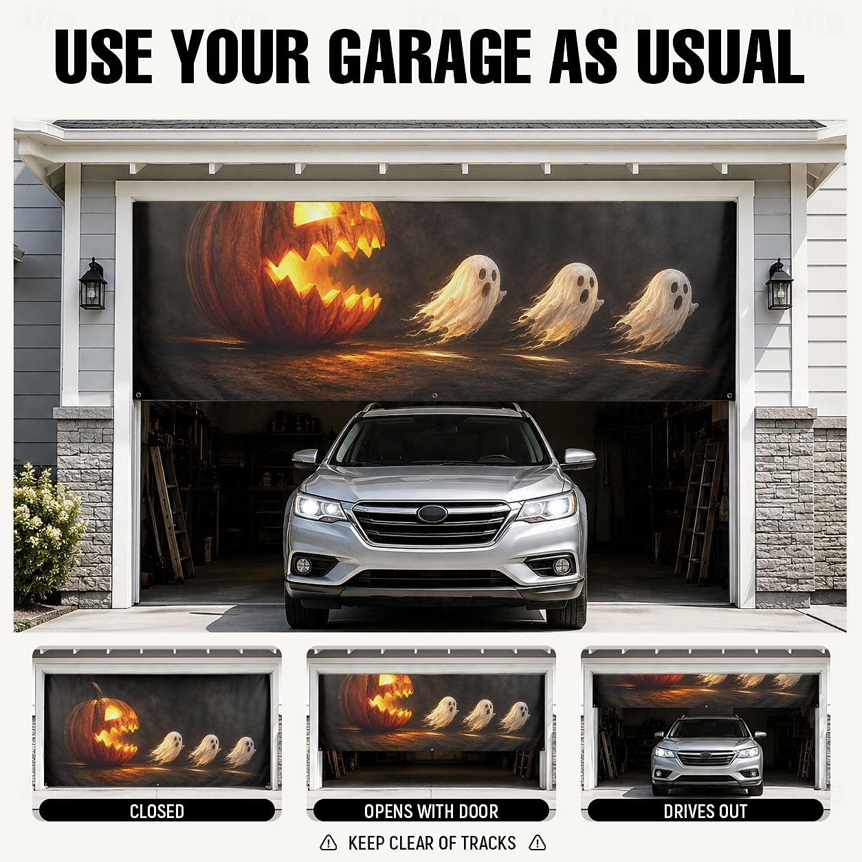 Décoration de porte de garage pour Halloween, grand décor extérieur avec citrouille-lanterne, fantômes à la poursuite d'une maison hantée, bannière pour jardin ou porche. de 2026 ? $42.99 –P7