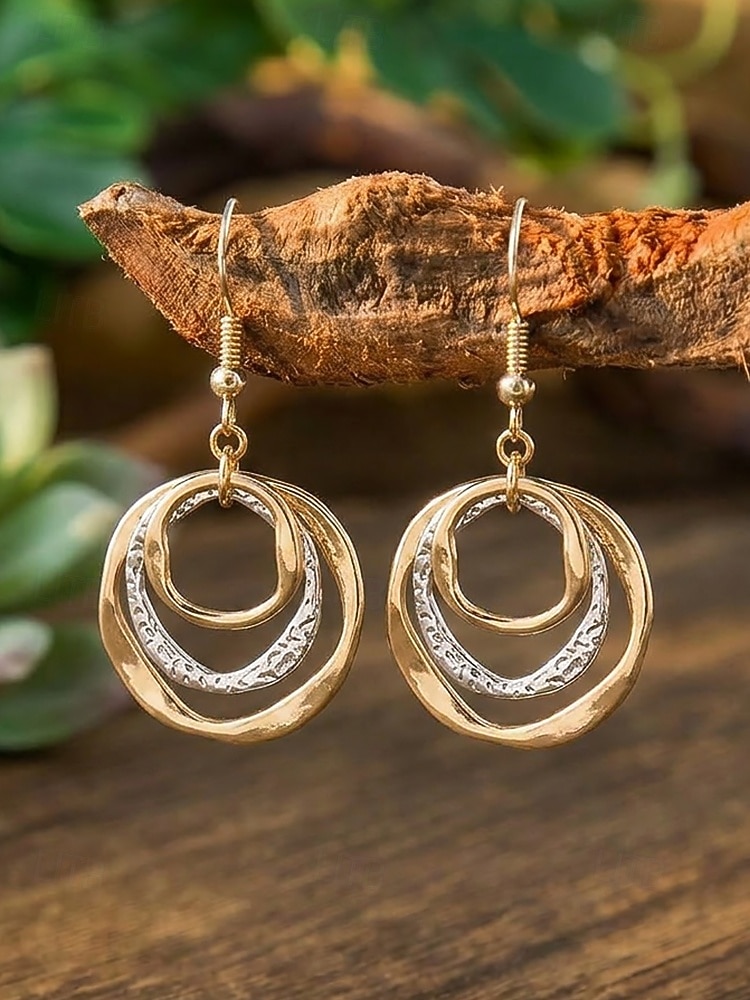 Pendientes colgantes triples de estilo bohemio para mujer, pendientes de aro superpuestos de aleación en tonos oro, plata y oro rosa, joyería ligera y llamativa para vacaciones, fiestas y viajes. &uso 2026 - $9.99 –P5