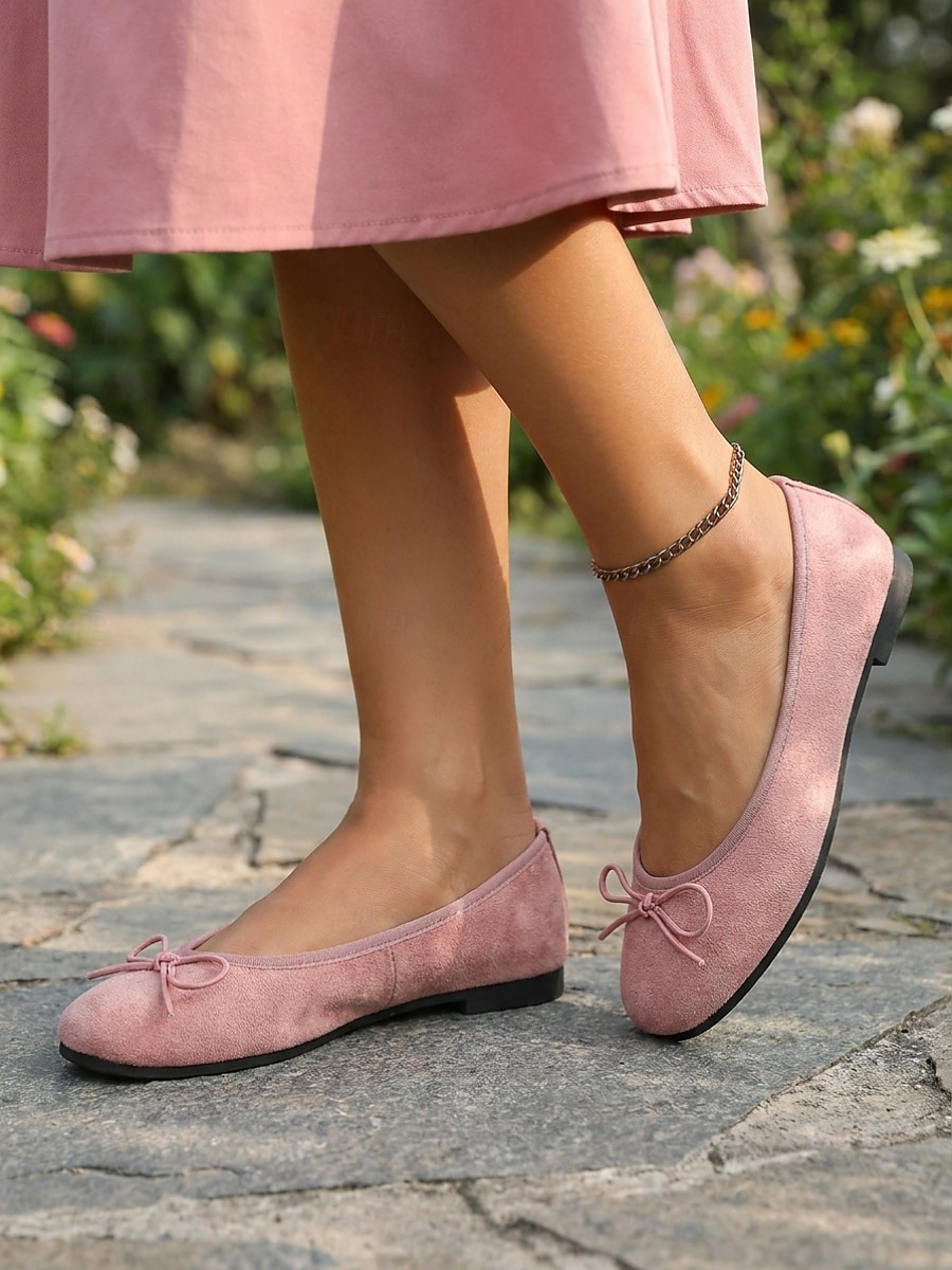 Women Pink Bow Ballet Flat Shoes - Round Toe Faux Suede Slip On Casual Flats for Casual Commute, Travel, Shopping & Daily Wear 2026 - $18.99 –P1