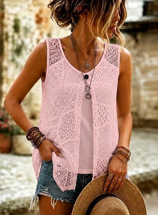Mulheres Topo de ilhó Renda Renda Ilusão Elegante Boêmia Férias Sem Manga Tops longos Casual Diário Feriado Branco Preto Rosa Cinza + rosa Verão Primavera de 2026 por $21.99 –P5