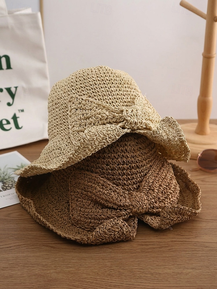 Sombrero de paja plegable estilo boho para mujer con lazo, sombrero de verano tejido y plegable en varios colores para vacaciones en la playa, viajes, fiestas en el jardín, brunch, resort. &uso diario 2026 - $14.99 –P5