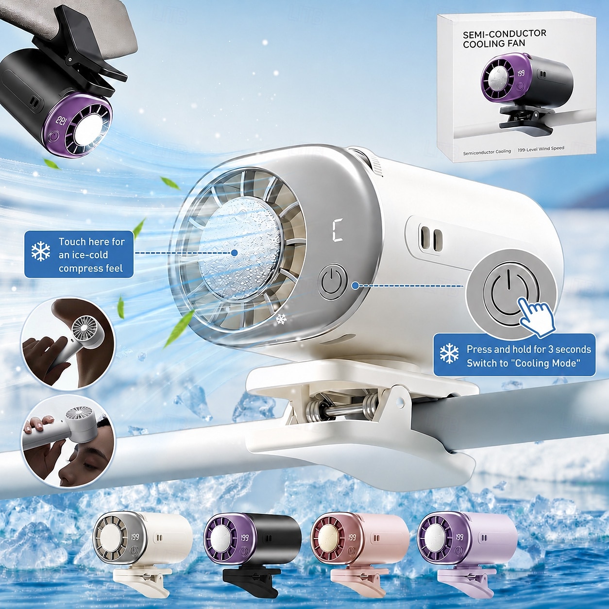 2026 Car Clip On Air Conditioner Fan with 16°C Semiconductor Cooling Chips,199 Speeds Adjustable, LED Display & 360° Rotation, Portable Personal Cooling Fan for Car Office Bike Beach Umbrella 2026 - $30.99 –P1
