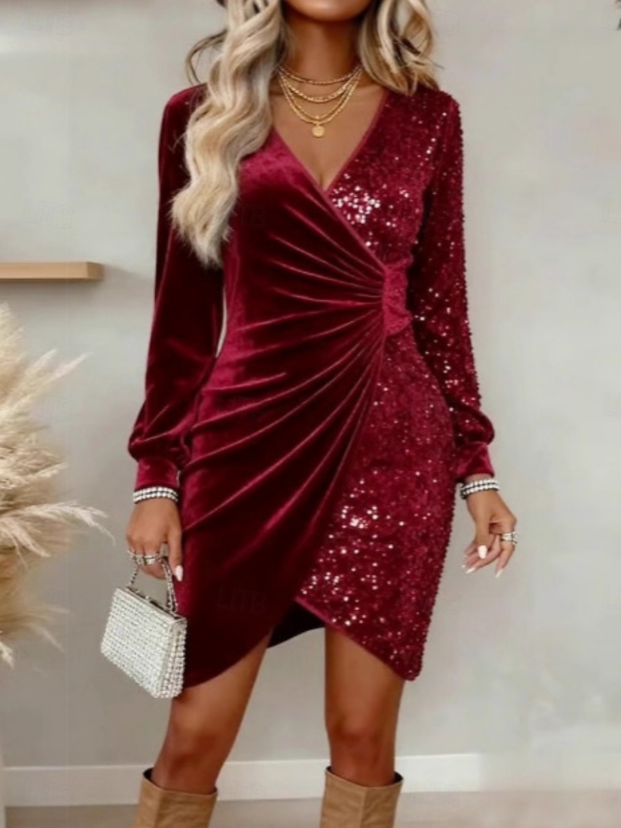 Women's Knee Length Dress Sequin Dress Elegant Party Regular Pure Color Long Sleeve V Neck Blue Black Red Gold Fall Winter 2026