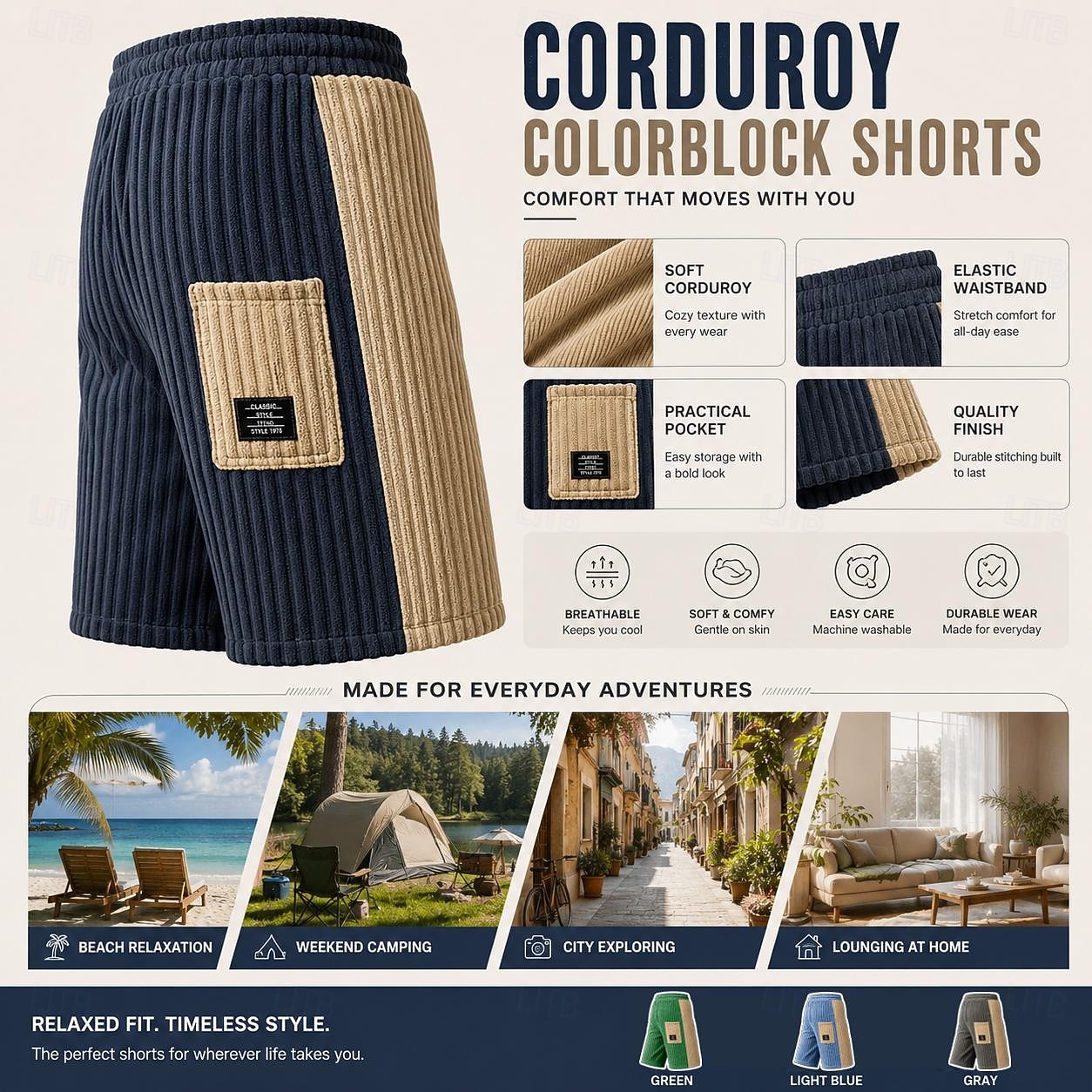 Męskie Szorty Szorty na co dzień Sztruksowe szorty Kieszeń Elastyczny pas Równina Jeden kolor Komfort Oddychający Do kolan Codzienny Na zewnątrz Plaża Urlop Moda Czarny Granatowy Nieelastyczny 2026 - $26.99 –P8