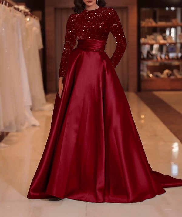 A-Line Court Train Floor Length Evening Gown Ball Gown Formal Dress Elegant Sparkle & Shine Long Sleeve High Neck Evening Party Christmas Fall Wedding Guest Satin Sequined with Sequin 2026 - $137.99 –P8