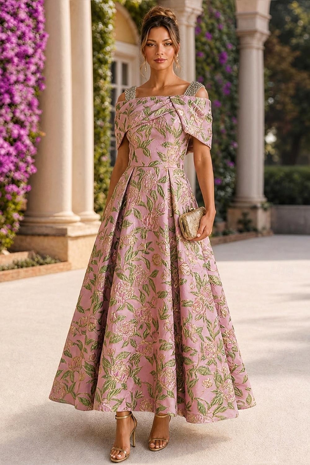 Krój A Sięgająca podłoża Do kostki Sukienka koktajlowa Elegancja Zabytkowe Kwiaty Krótki rękaw Łódeczka Ślub Formalny Żakard Lejący dekolt na plecach z Plisy Koraliki Haft 2026 - $171.99 –P1