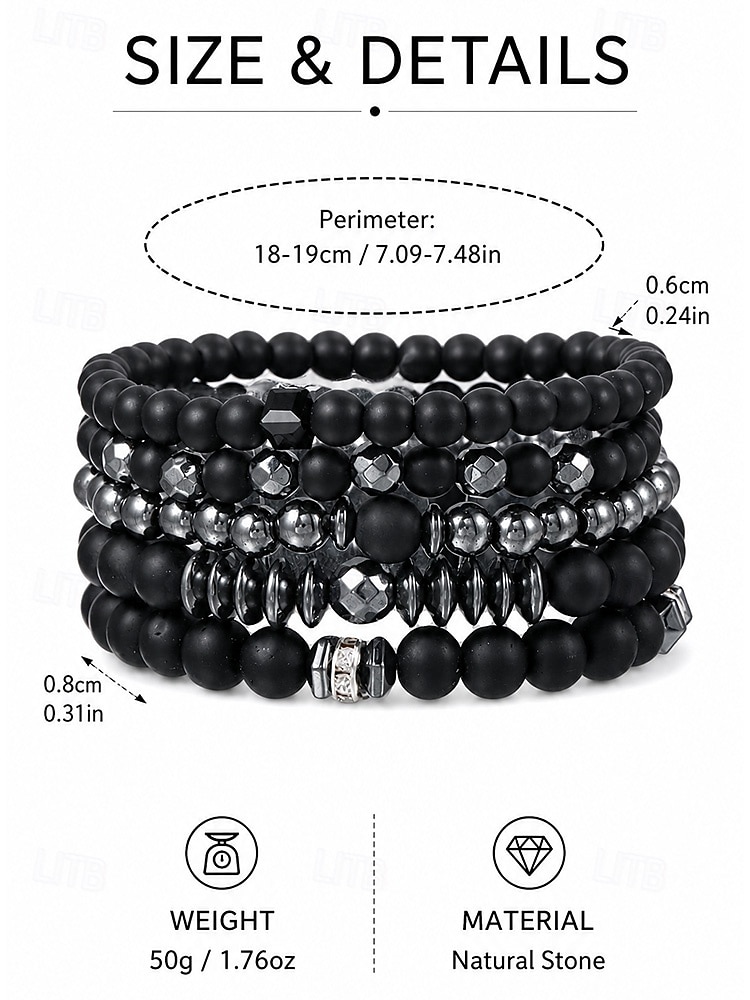 Men's Matte Black Stone & Hematite Beaded Bracelet Set, Stretch Boho Stacked Bracelets for Casual Wear, Beach, Vacation, Travel, Festival, Party and Everyday Style 2026 - $11.99 –P6