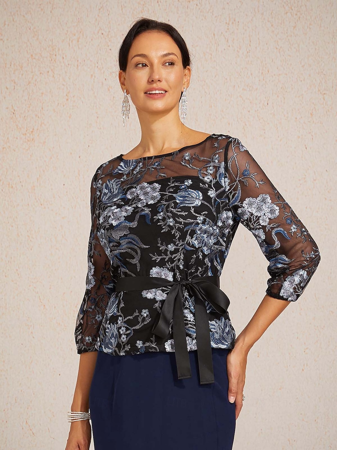 Dames Geklede topjes Geborduurd Illusie Kant Elegant 3/4 mouw Strakke ronde hals Avond Feest Bruiloft gast Semi formeel Zwart Lente Herfst Winter 2026 - $89.99 –P1