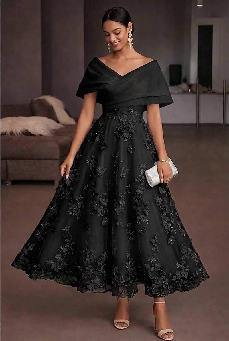 Corte A Hasta el Tobillo Vestidos de coctel Elegante Vintage Floral Manga Corta Hombros Caídos Fiesta de jardin Boda Organdí Tul Espalda desnuda con Estampado flor Flor bordada Plisado 2026 - $182.99 –P9
