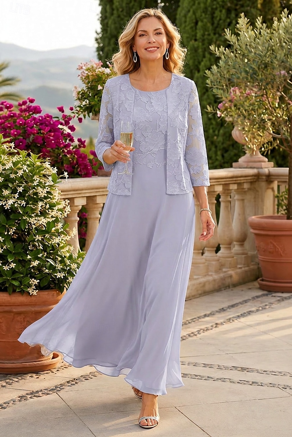 Zweiteilig A-Linie Bodenlang Kleid für Hochzeitsgäste Brautmutterkleid Dreiviertelarm U-Boot-Ausschnitt Elegant Einfach Minimalistisch Formell Hochzeitsgast Chiffon mit Spitze 2026 - $172.99 –P10