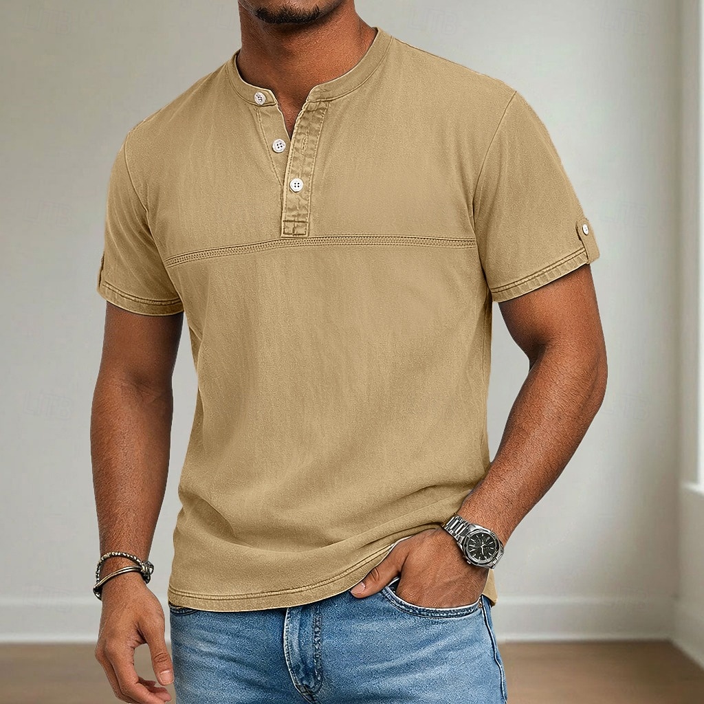 Men's Henley Shirt 100% Cotton Acid Wash Shirt Short Sleeve Henley Summer Spring Fall Plain Retro Vintage Casual Vintage Style Washed Casual Light Blue Dark Brown Black Top Tee for Men 2026 - $31.99 –P7