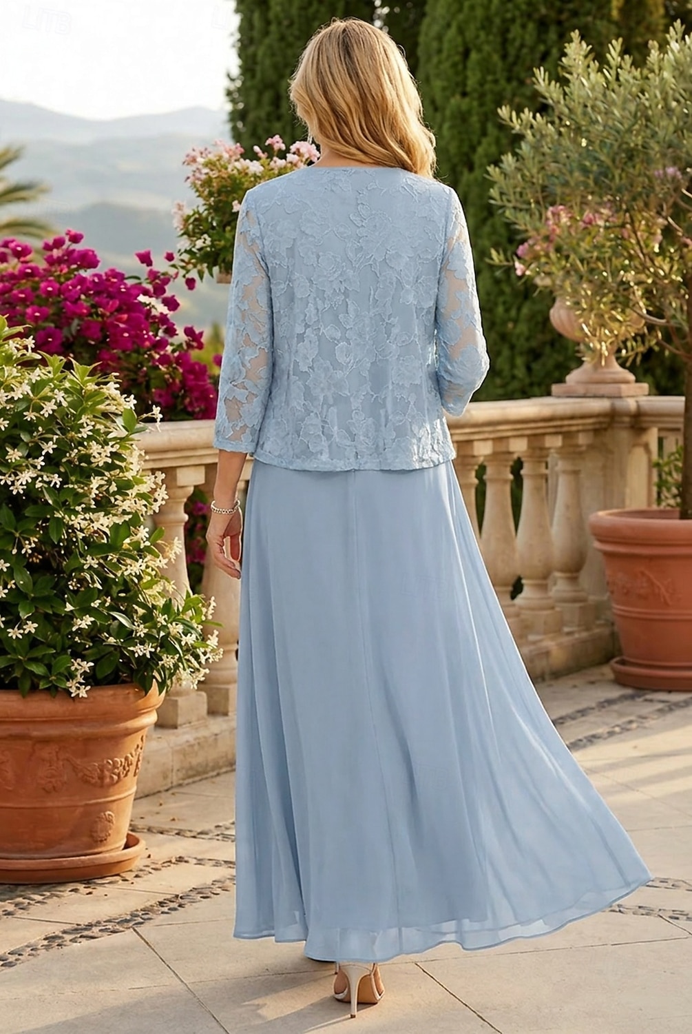 Zweiteilig A-Linie Bodenlang Kleid für Hochzeitsgäste Brautmutterkleid Dreiviertelarm U-Boot-Ausschnitt Elegant Einfach Minimalistisch Formell Hochzeitsgast Chiffon mit Spitze 2026 - $172.99 –P3