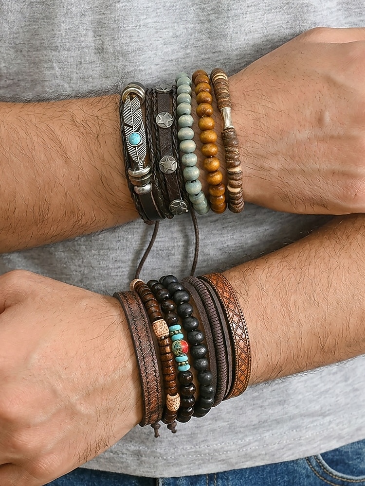 Boho-Armbandset für Herren, 11-teiliges Set aus stapelbaren Armbändern aus Holzperlen, Legierung und Leder, lässiger Sommerschmuck für Strandurlaub, Reisen, Festivals, Partys und den Alltag 2026 - $14.99 –P1